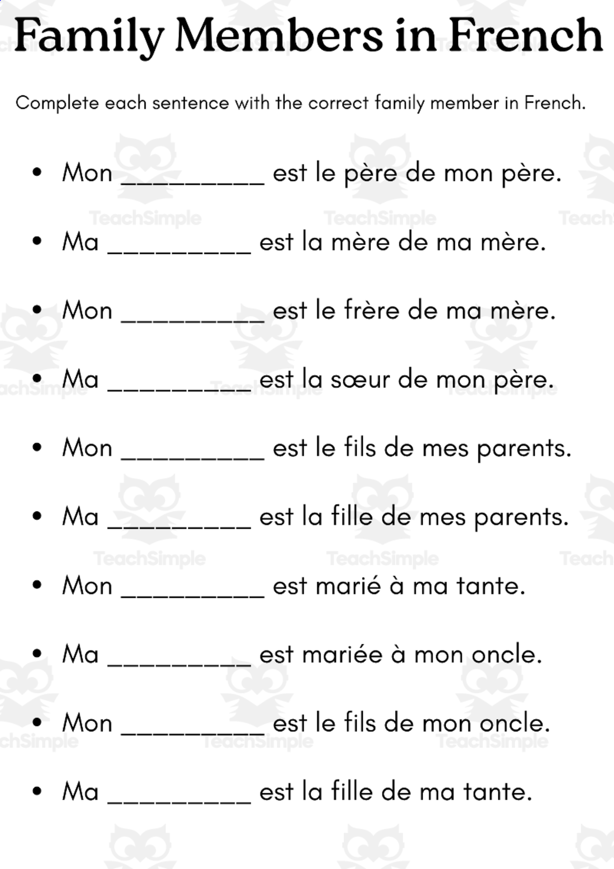 An educational teaching resource from MultiLingual Grammar Lab entitled family members in french exercises worksheet downloadable at Teach Simple.