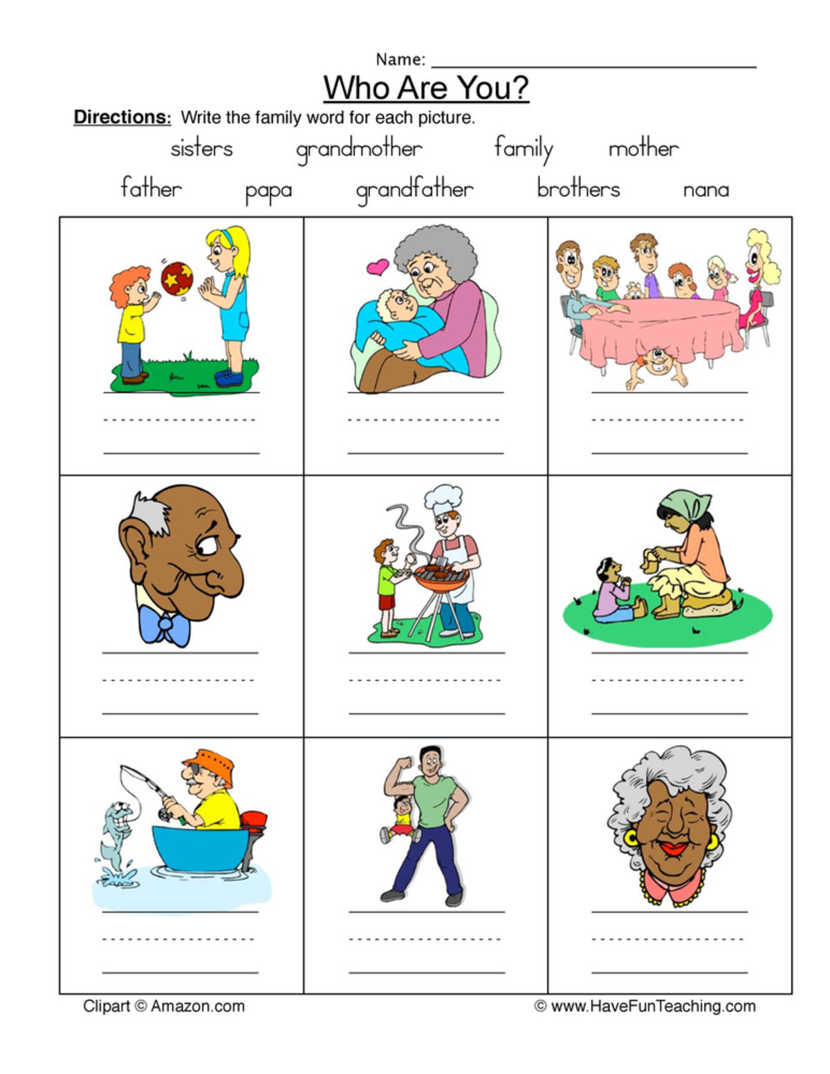 An educational teaching resource from Have Fun Teaching entitled Family Names Word Bank Worksheet downloadable at Teach Simple.