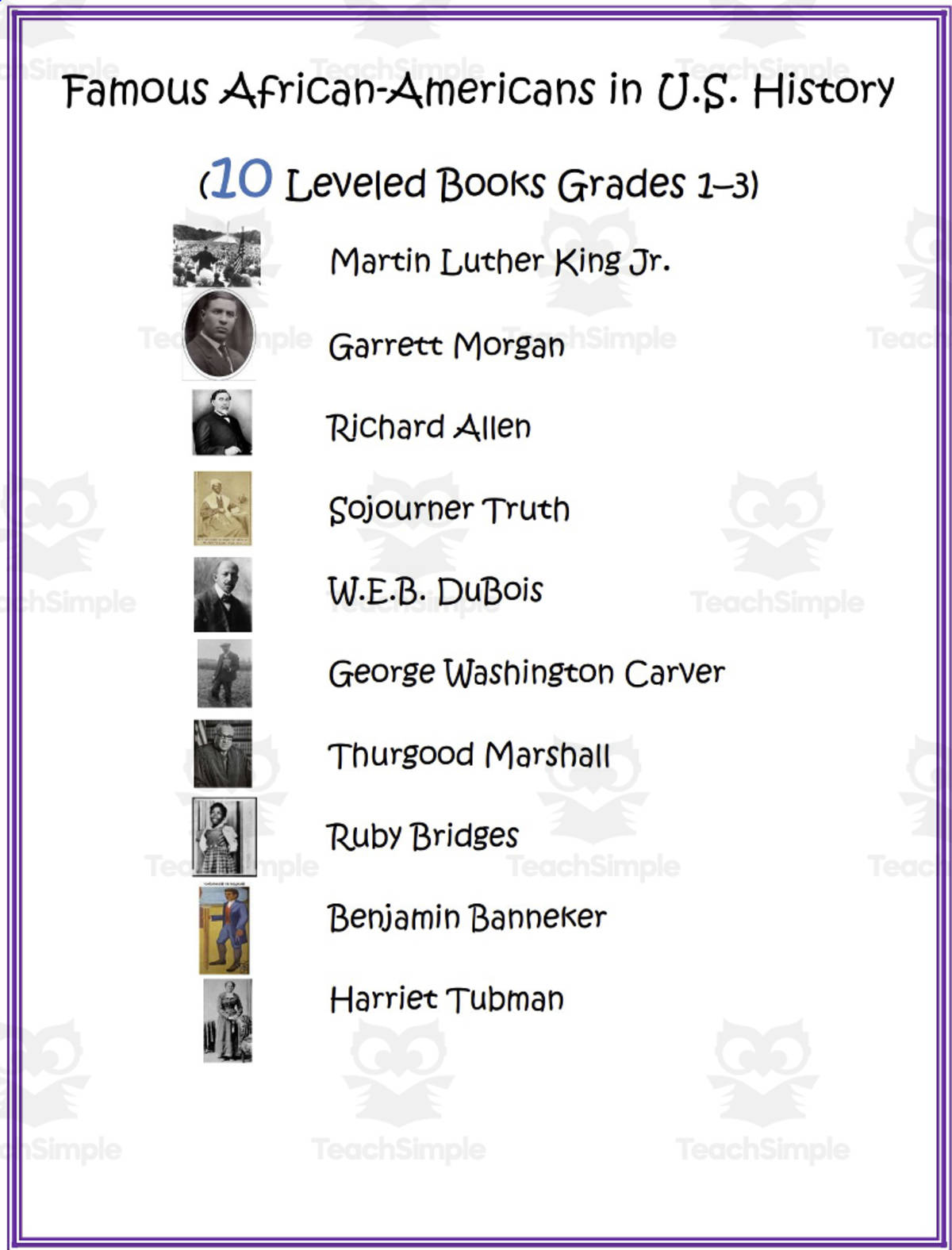 An educational teaching resource from Sue Peterson entitled Famous African-Americans in U.S. History (Grades 1–3) 10 books downloadable at Teach Simple.