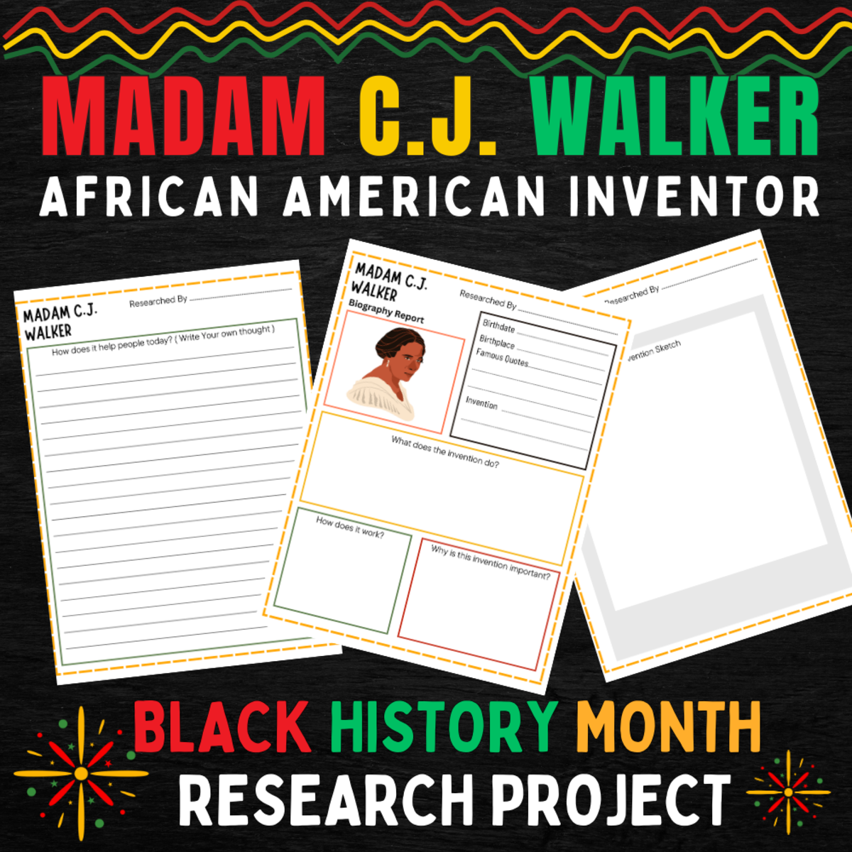 An educational teaching resource from Perfect_Printables entitled Famous African Inventor Madam C.J. Walker Research Project For Kids downloadable at Teach Simple.