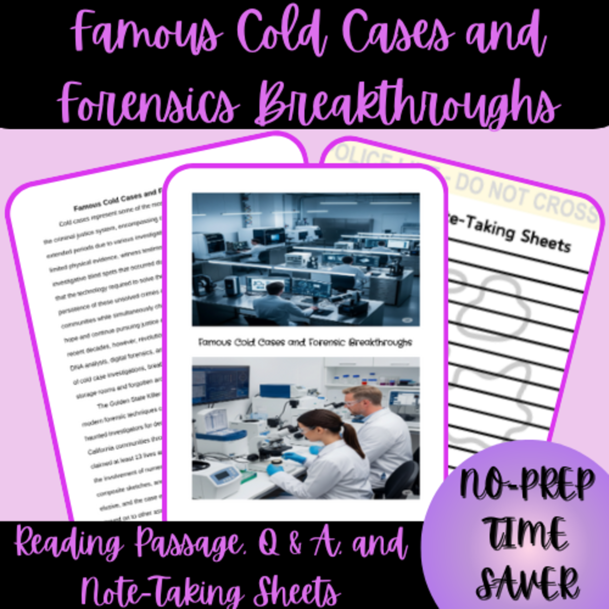 An educational teaching resource from Homeschool with Big Easy Homeschooling Mom entitled Famous Cold Cases and Forensics Breakthroughs Reading Passage downloadable at Teach Simple.