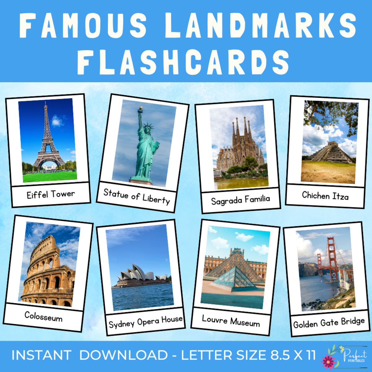 An educational teaching resource from Perfect_Printables entitled Famous Landmarks Flashcards - World Iconic Landmarks Vocabulary downloadable at Teach Simple.