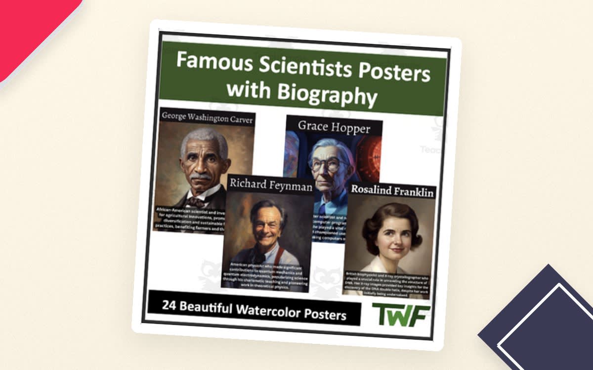 An educational teaching resource from Teach With Fergy entitled Famous Scientist Posters With Short Biography - 24 Beautiful Posters downloadable at Teach Simple.