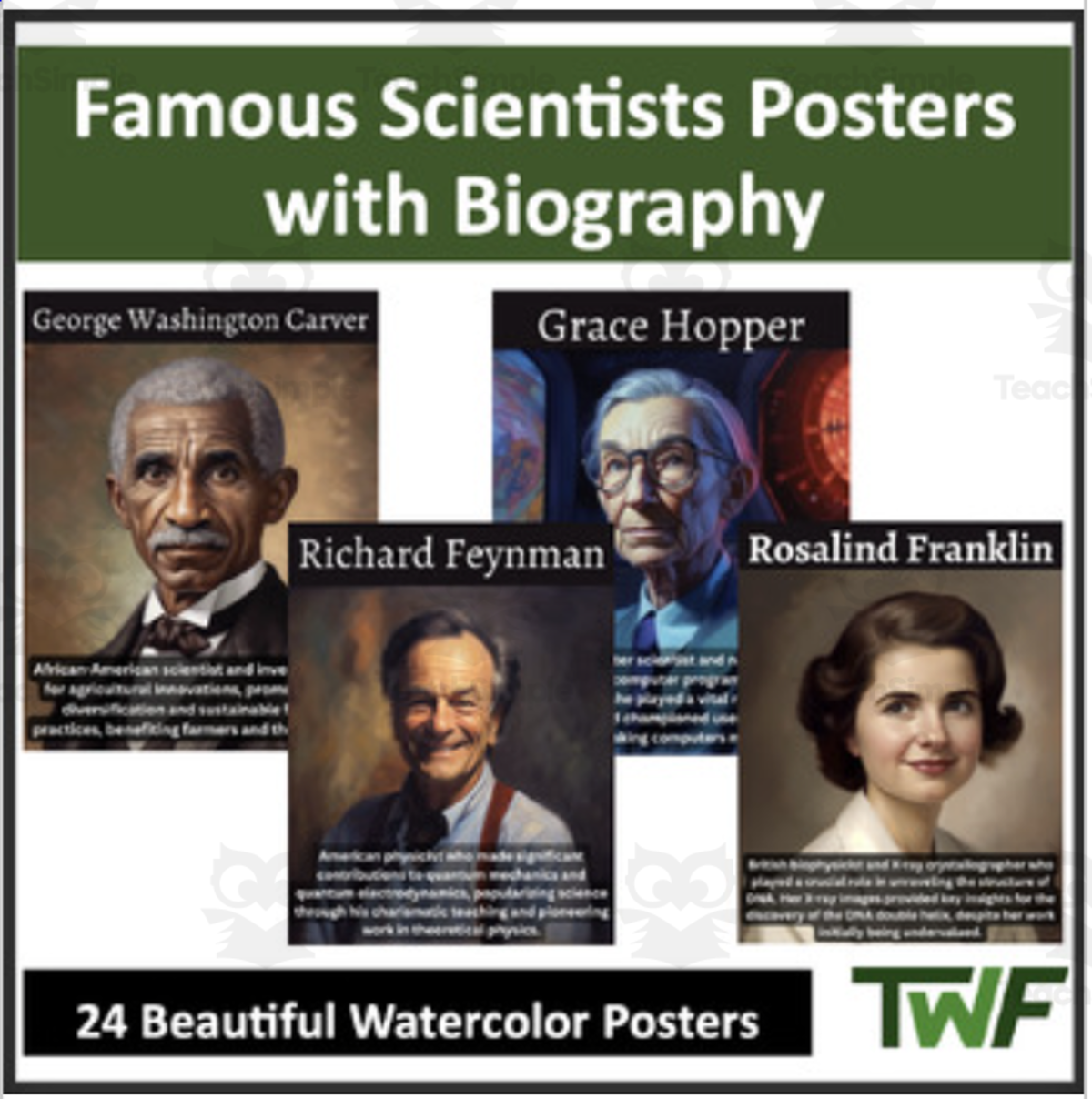 An educational teaching resource from Teach With Fergy entitled Famous Scientist Posters With Short Biography - 24 Beautiful Posters downloadable at Teach Simple.