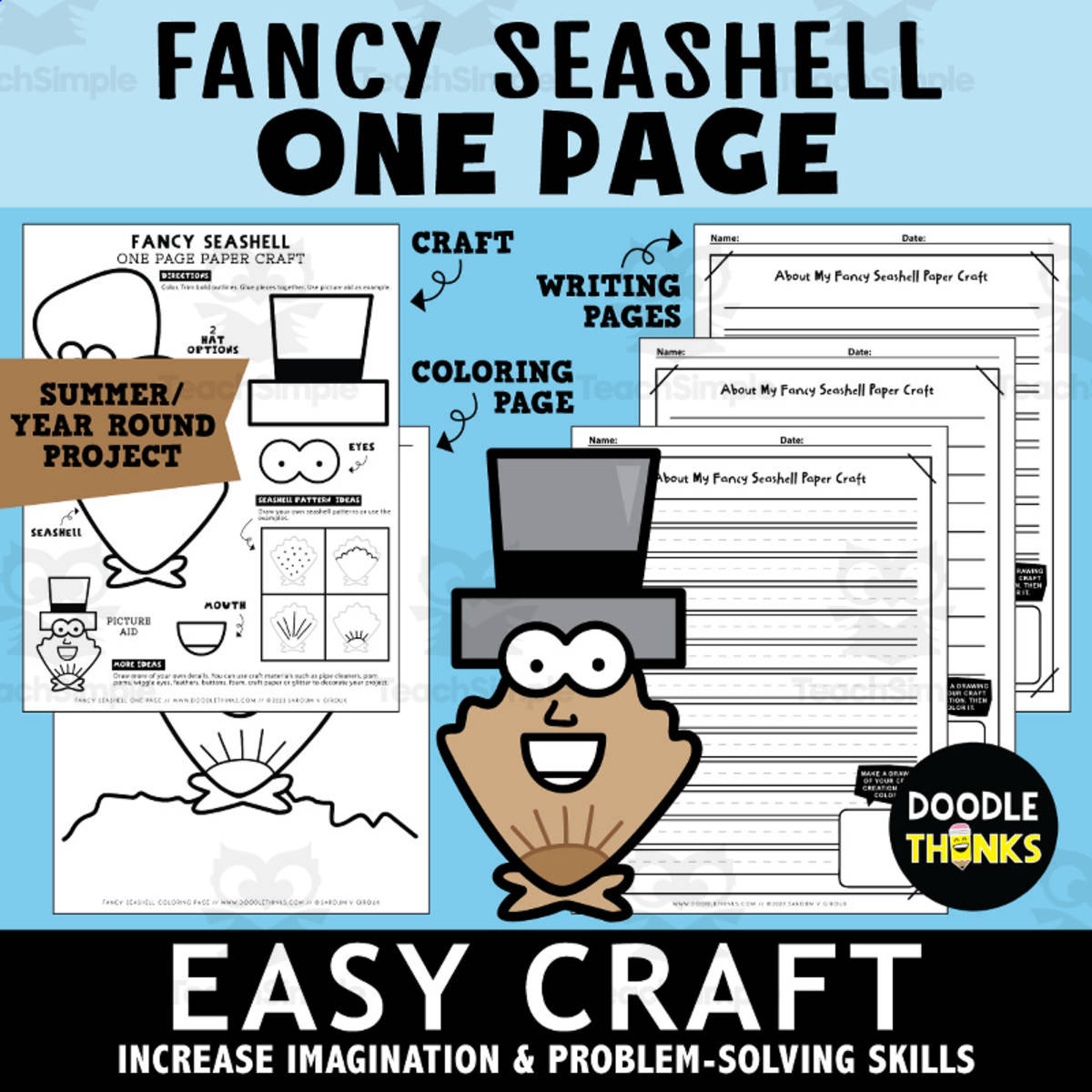 An educational teaching resource from Doodle Thinks entitled Fancy Seashell One Page Paper Craft Activities | Beach Theme downloadable at Teach Simple.