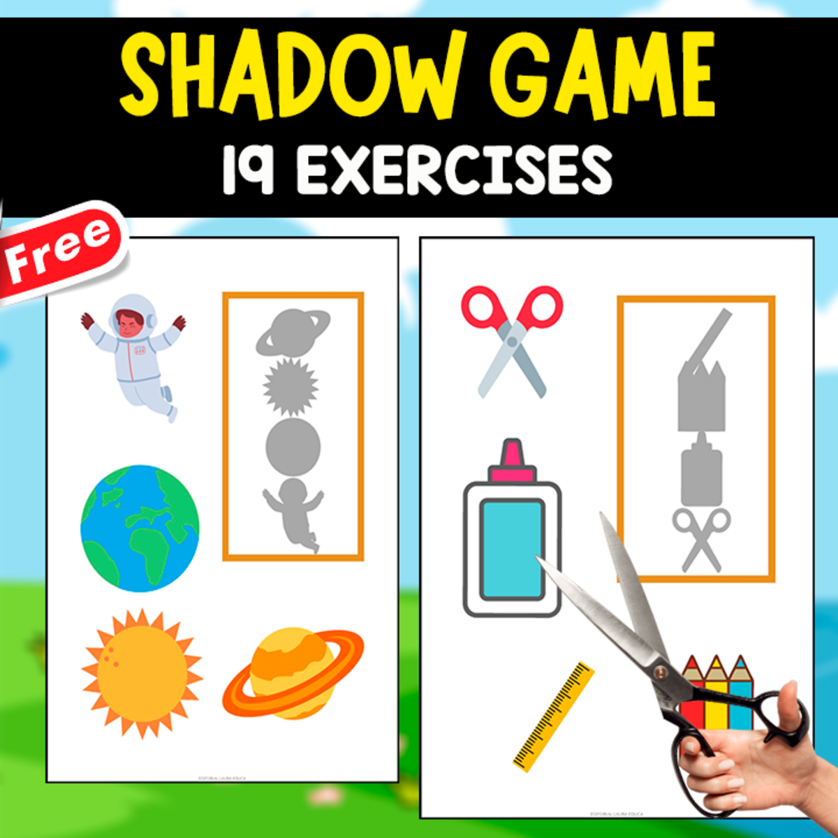 An educational teaching resource from EDITORIAL LAURA EDUCA entitled FANTASTIC SHADOW GAME FOR KIDS | 19 PAGES downloadable at Teach Simple.