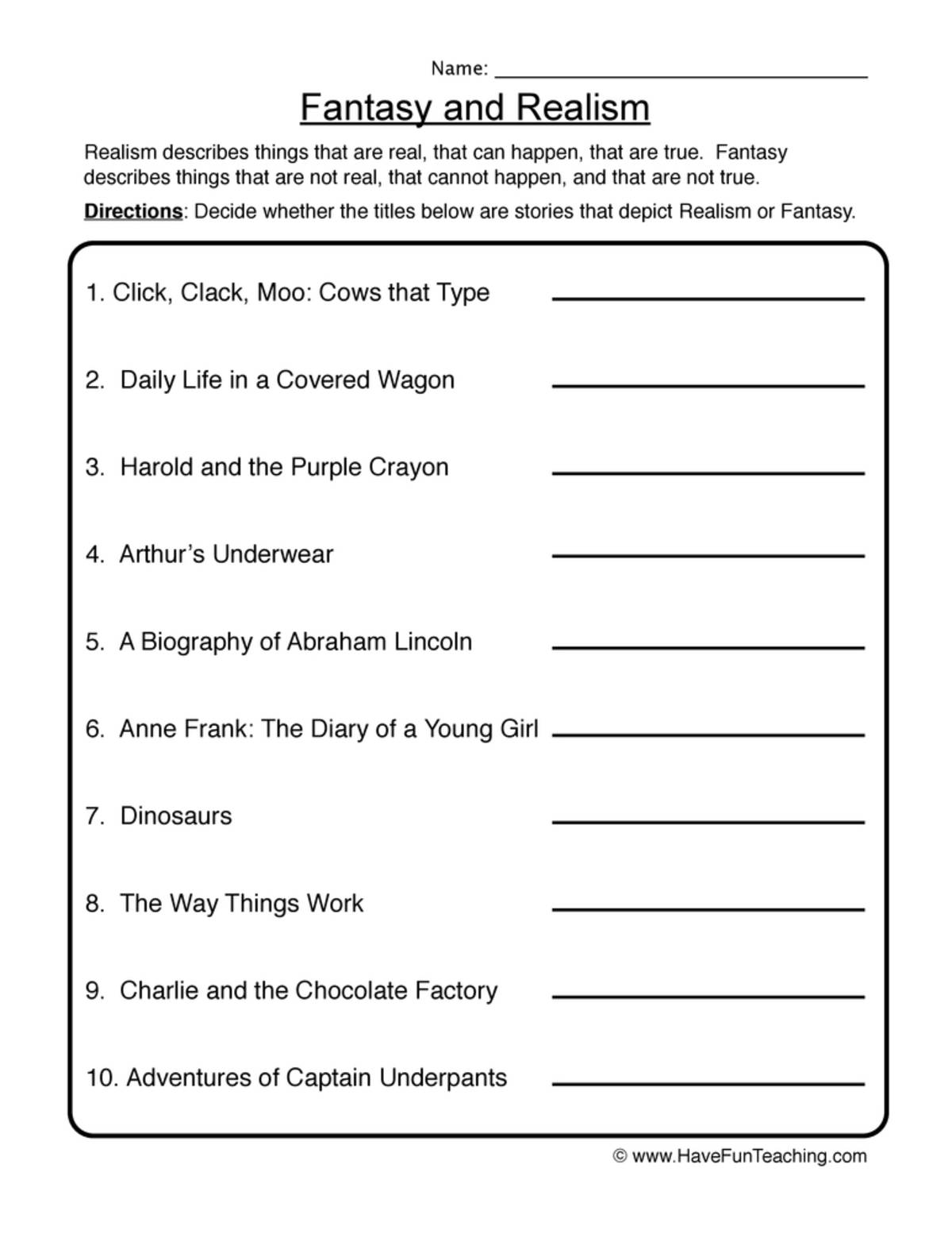 An educational teaching resource from Have Fun Teaching entitled Fantasy and Realism Book Titles Worksheet downloadable at Teach Simple.