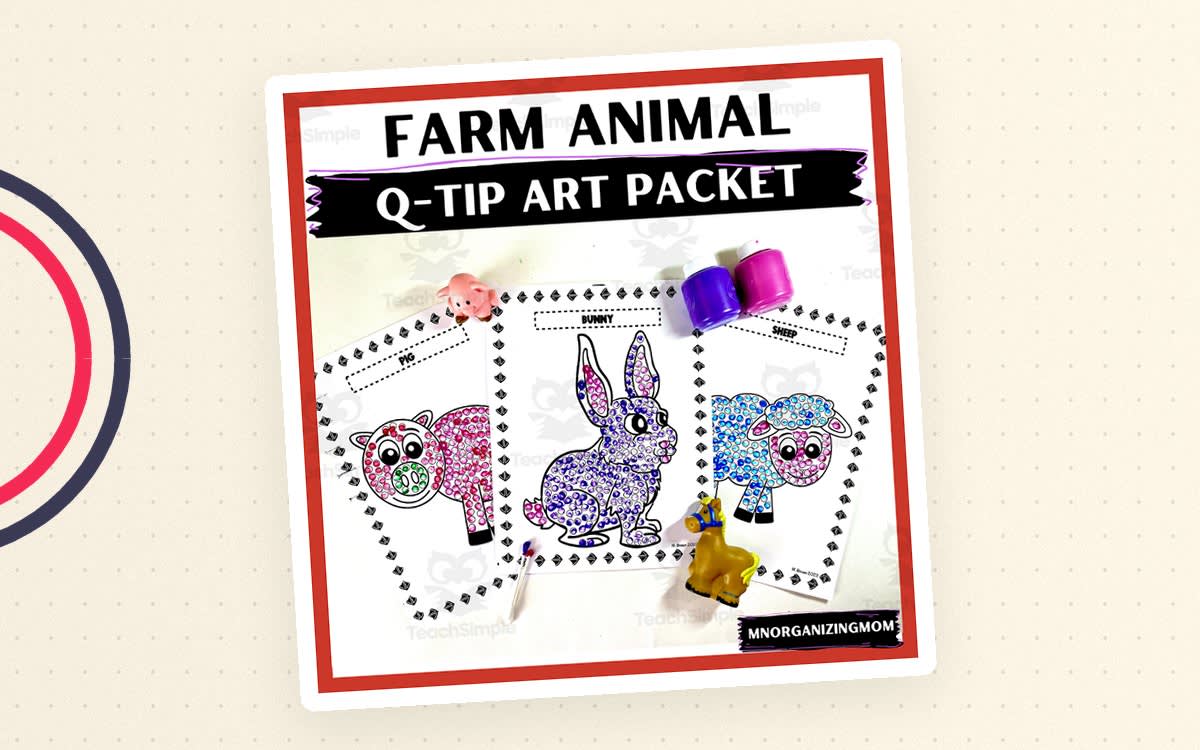 An educational teaching resource from mnorganizingmom entitled Farm Animal Q-Tip Art Packet downloadable at Teach Simple.