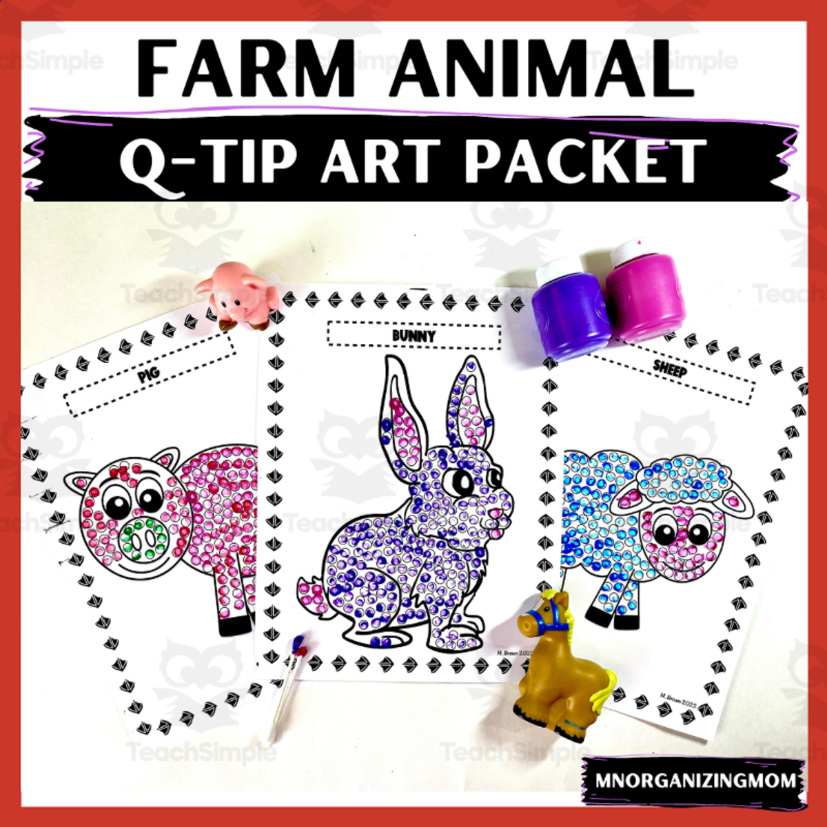 An educational teaching resource from mnorganizingmom entitled Farm Animal Q-Tip Art Packet downloadable at Teach Simple.