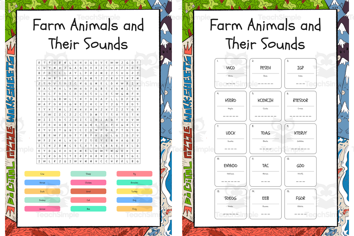 An educational teaching resource from Lapiiin Art Activities entitled Farm Animals and Their Sounds word search, scramble and crossword downloadable at Teach Simple.