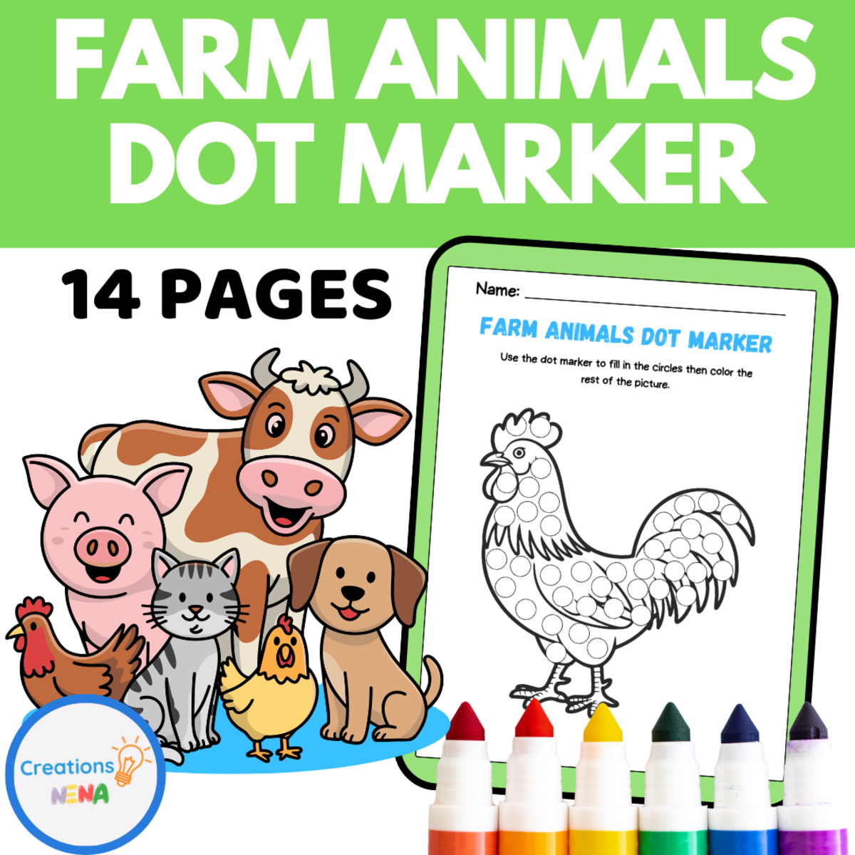 An educational teaching resource from Nena Creations entitled Farm Animals Dot Marker Worksheets downloadable at Teach Simple.