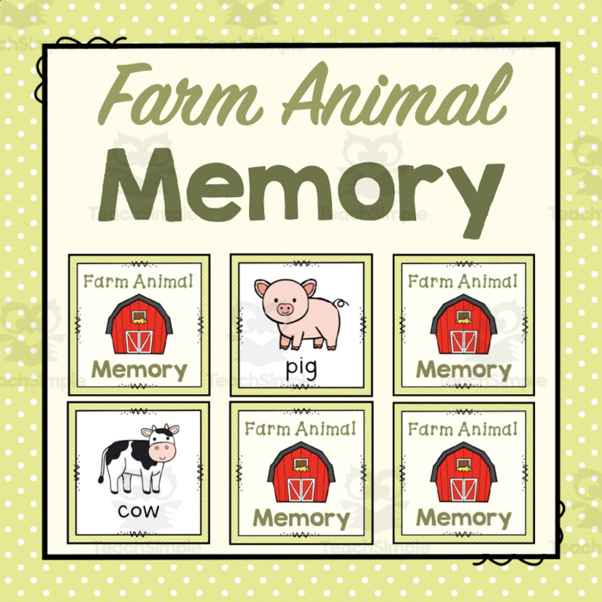 An educational teaching resource from Simply Schoolgirl entitled Farm Animals Memory Game downloadable at Teach Simple.