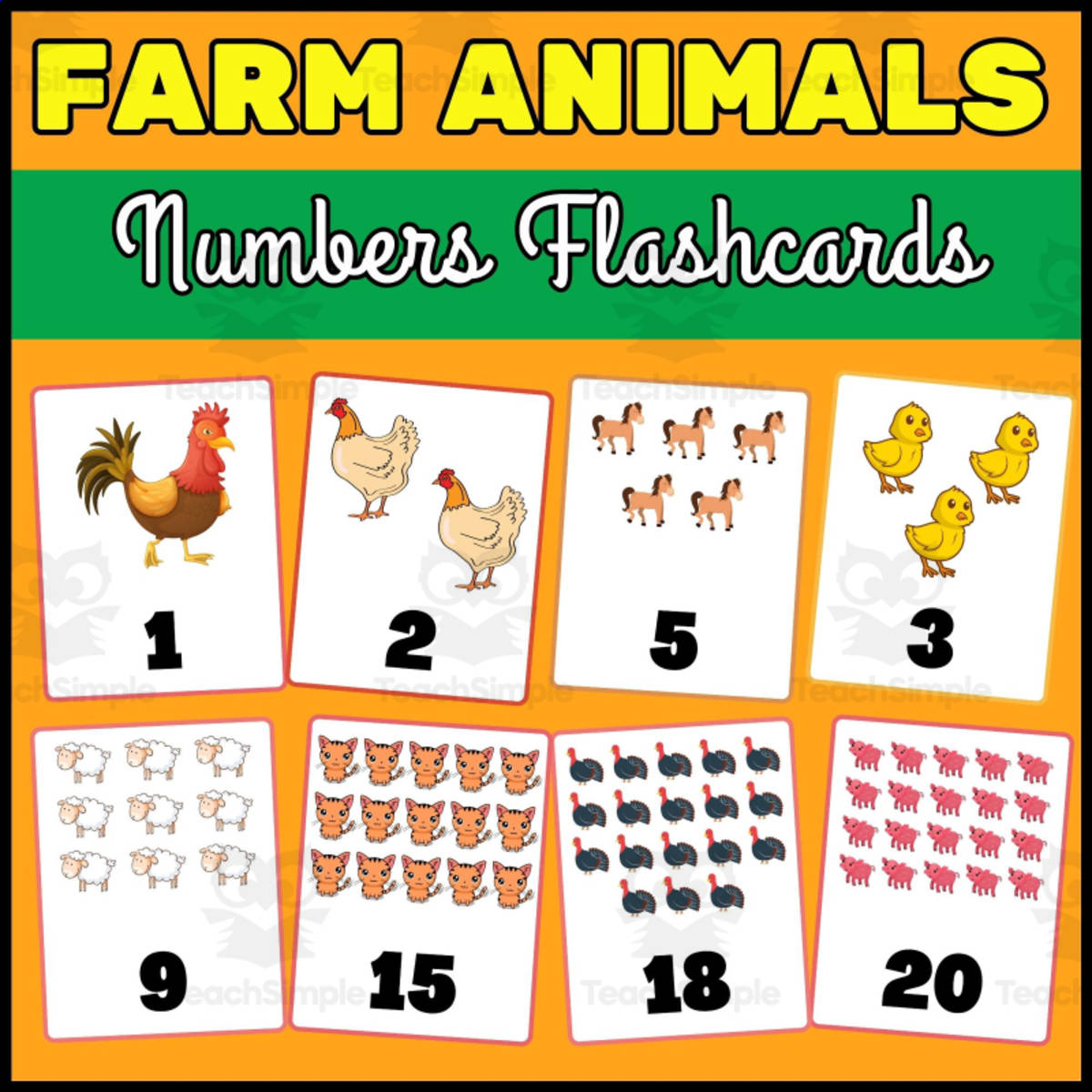An educational teaching resource from Wonderland School entitled Farm Animals Numbers Flashcards - Counting Cards for kindergarten downloadable at Teach Simple.