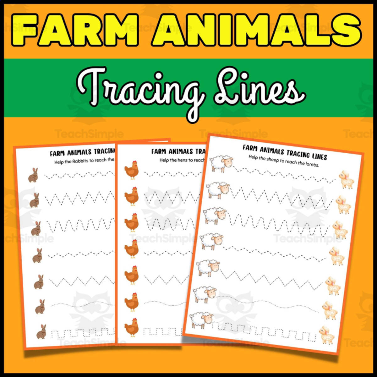 An educational teaching resource from Wonderland School entitled Farm Animals Tracing Lines Pre-writing Practice Fine Motor Skills PreK downloadable at Teach Simple.
