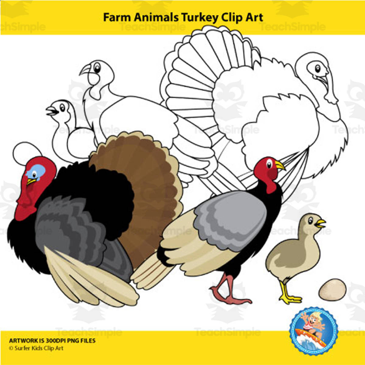 An educational teaching resource from Surfer Kids Clip Art entitled Farm Animals Turkey Clipart downloadable at Teach Simple.