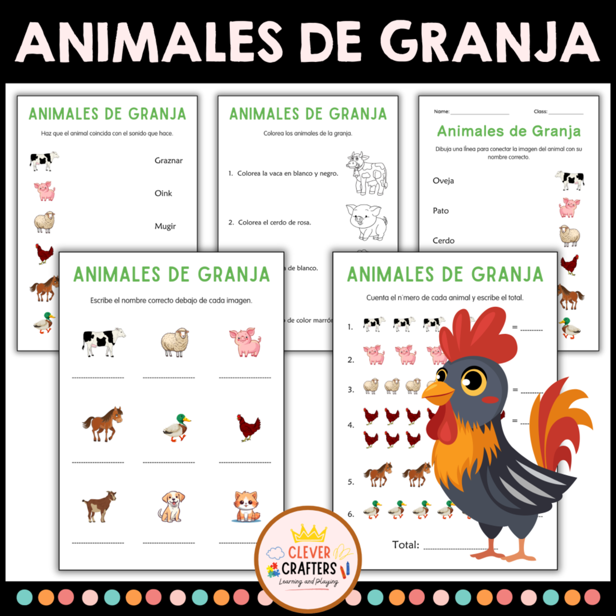 An educational teaching resource from Clever Crafters entitled Farm Animals Worksheets in Spanish downloadable at Teach Simple.