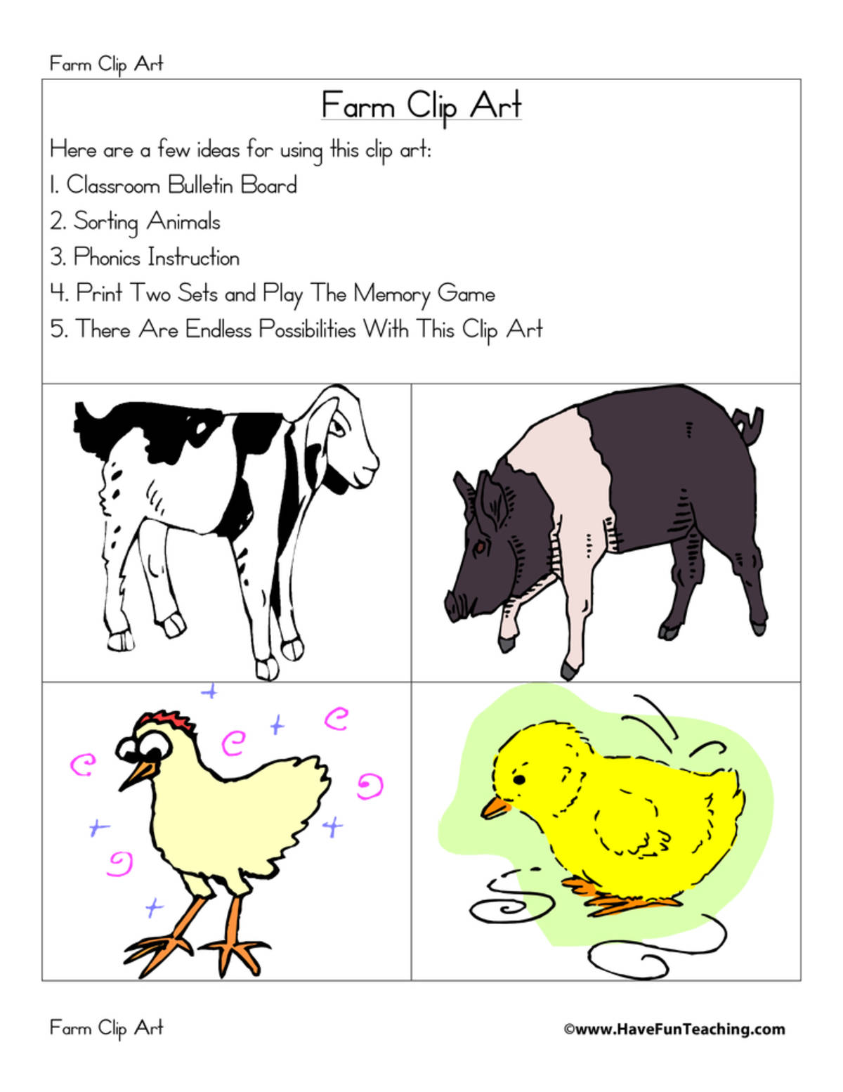 An educational teaching resource from Have Fun Teaching entitled Farm Clip Art downloadable at Teach Simple.
