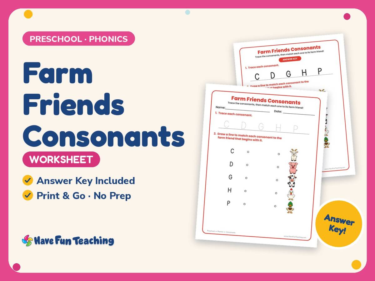 Farm Friends Consonants Worksheet – Preschool Animals Practice preview
