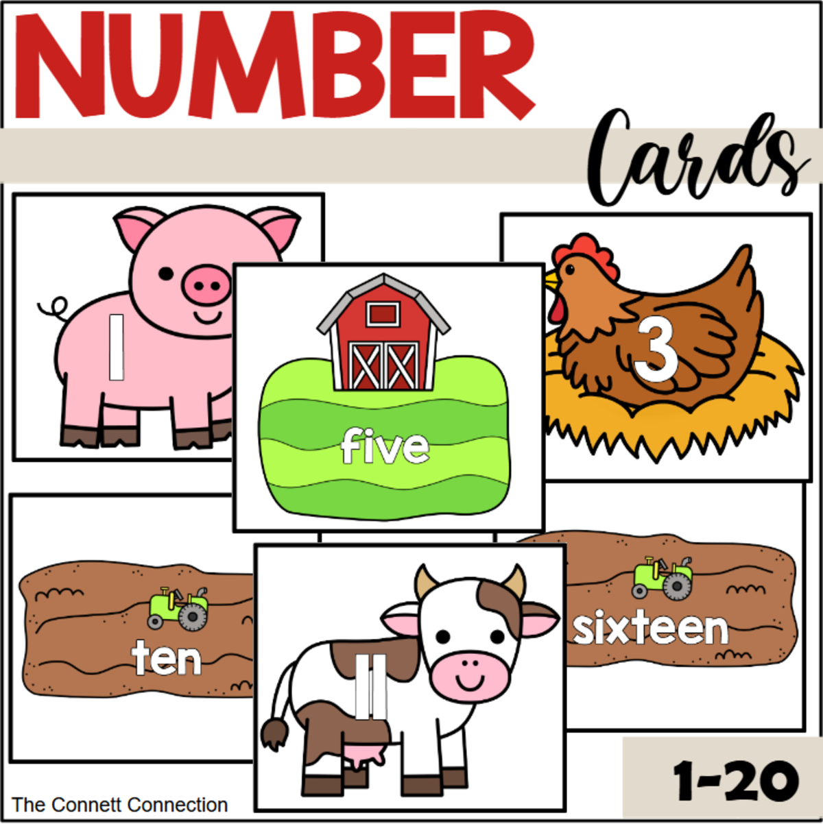An educational teaching resource from The Connett Connection entitled Farm Number Cards downloadable at Teach Simple.