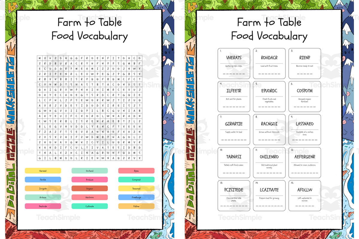 An educational teaching resource from Lapiiin Art Activities entitled Farm to Table Food Vocabulary word search, scramble and crossword puzz downloadable at Teach Simple.