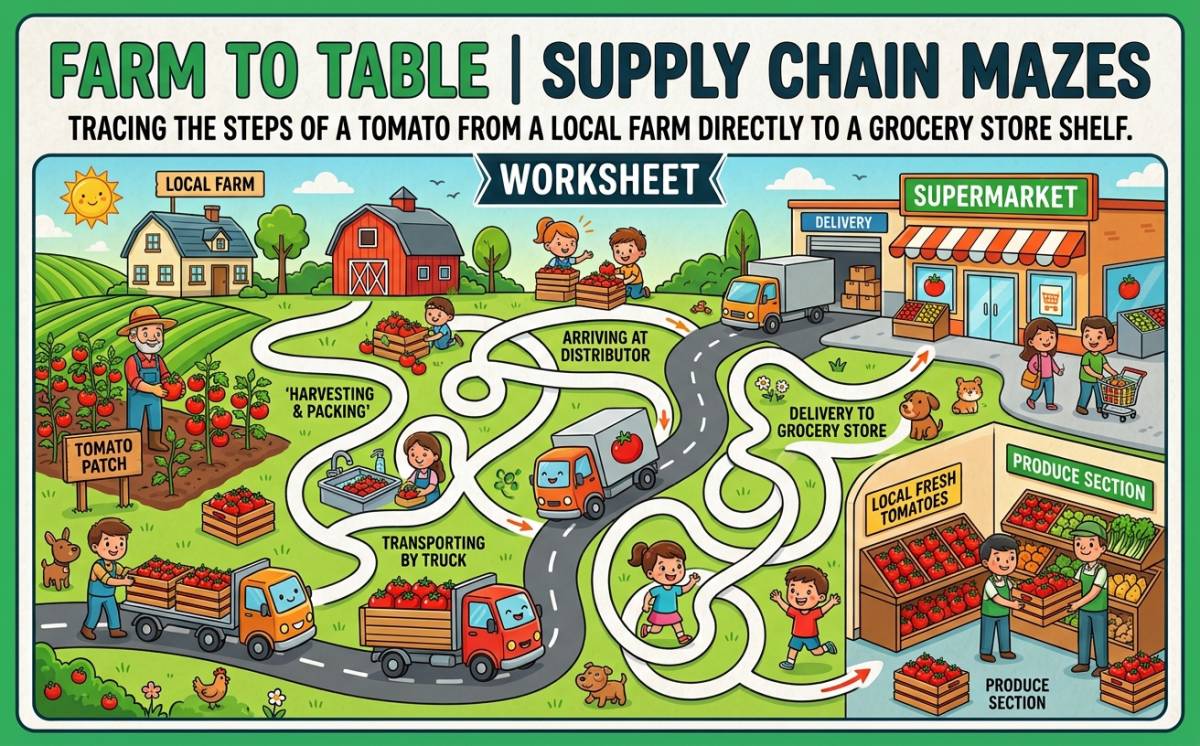 An educational teaching resource from Creative Book Store entitled "Farm to Table" Supply Chain Mazes downloadable at Teach Simple.