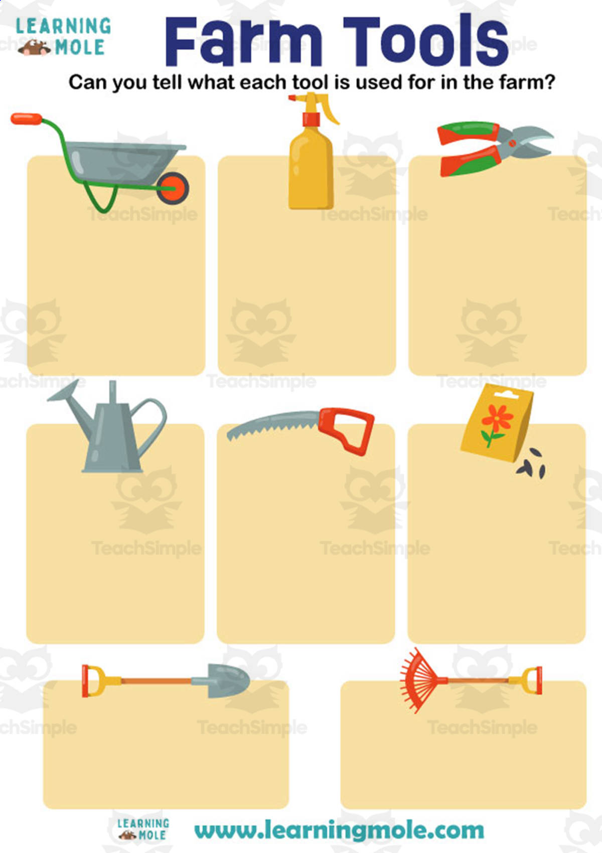 An educational teaching resource from Educational Voice entitled Farm Tools Activity downloadable at Teach Simple.