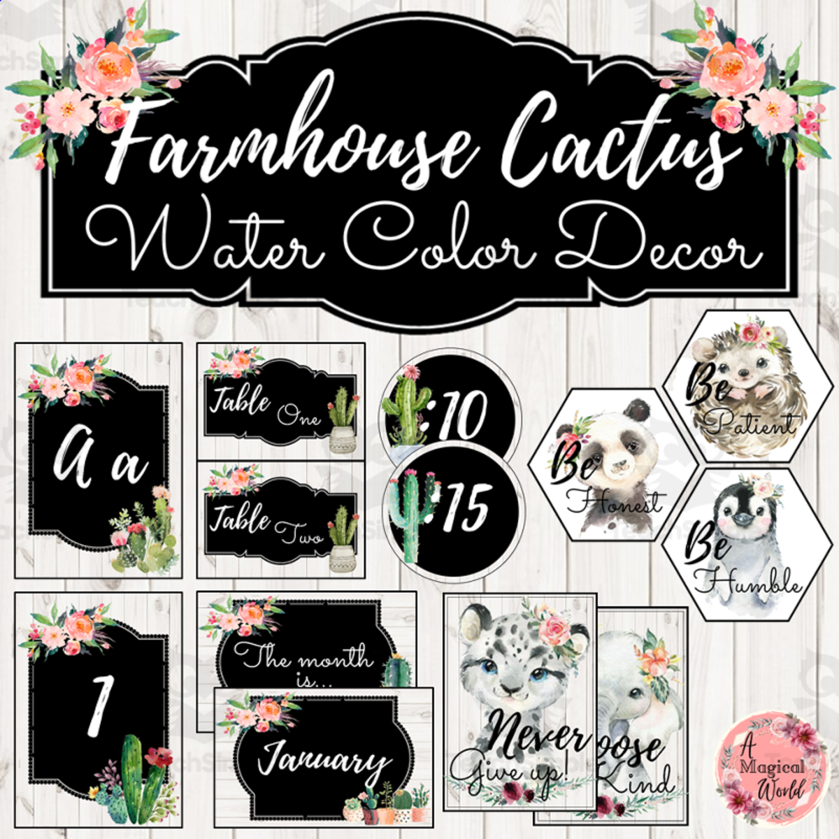 An educational teaching resource from Magical World Designs entitled Farmhouse Watercolor Cactus & Succulent Classroom Decor - Watercolor, Cactus, Succulent, Flowers & Animals Decor Theme downloadable at Teach Simple.