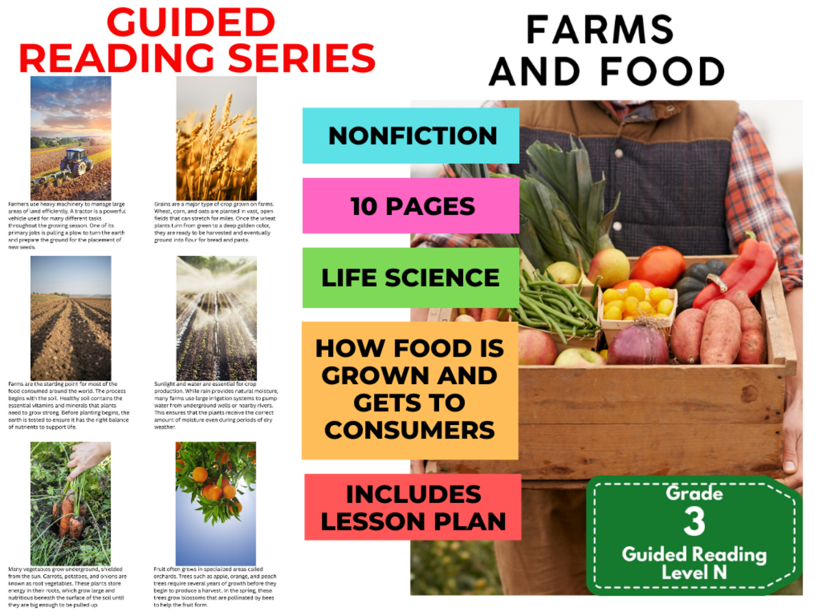 An educational teaching resource from Cored Education entitled Farms and Food: Guided Reading Level N with Lesson Plan downloadable at Teach Simple.