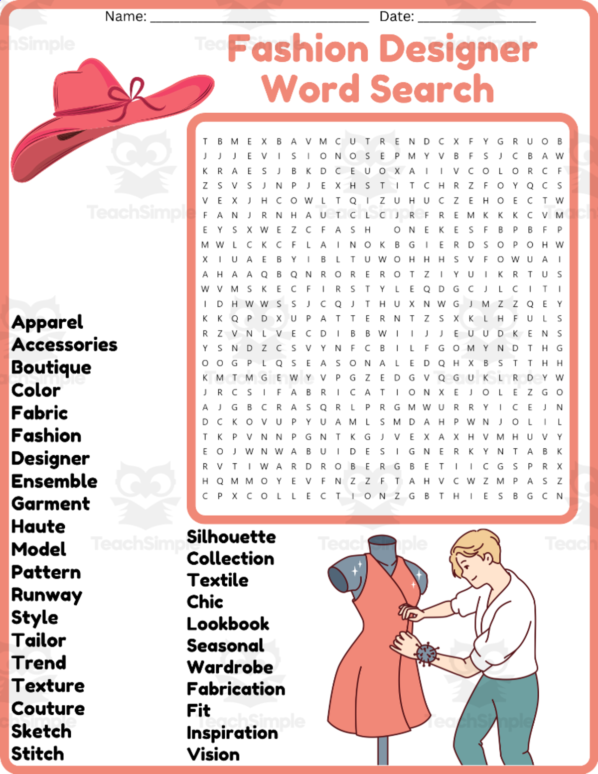 An educational teaching resource from space shope entitled Fashion Designer Word Search Puzzle Worksheet Activities downloadable at Teach Simple.