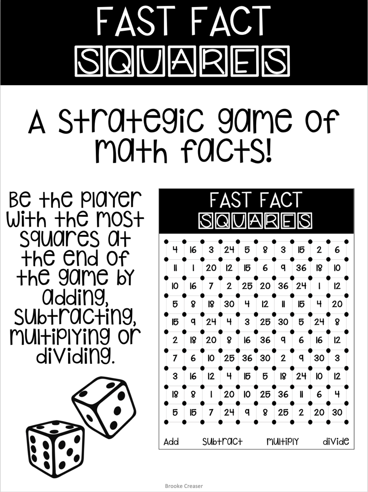 An educational teaching resource from Brook Creaser entitled Fast Fact Squares: A strategic game to practice fact fluency! downloadable at Teach Simple.