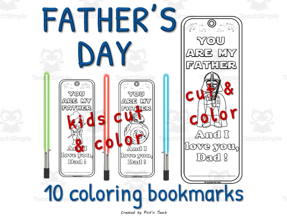 An educational teaching resource from Pick'n Teach entitled Father's day coloring bookmarks for Jedi downloadable at Teach Simple.