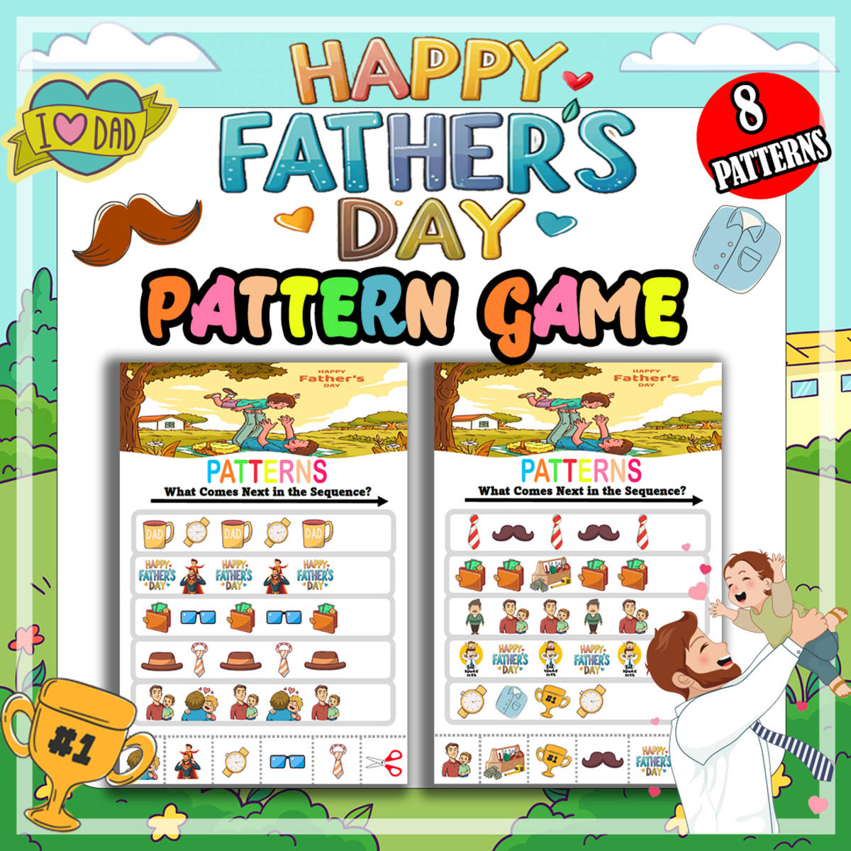 An educational teaching resource from Bambolina55 entitled Father's Day Finish the Pattern Worksheets Activity Puzzles downloadable at Teach Simple.