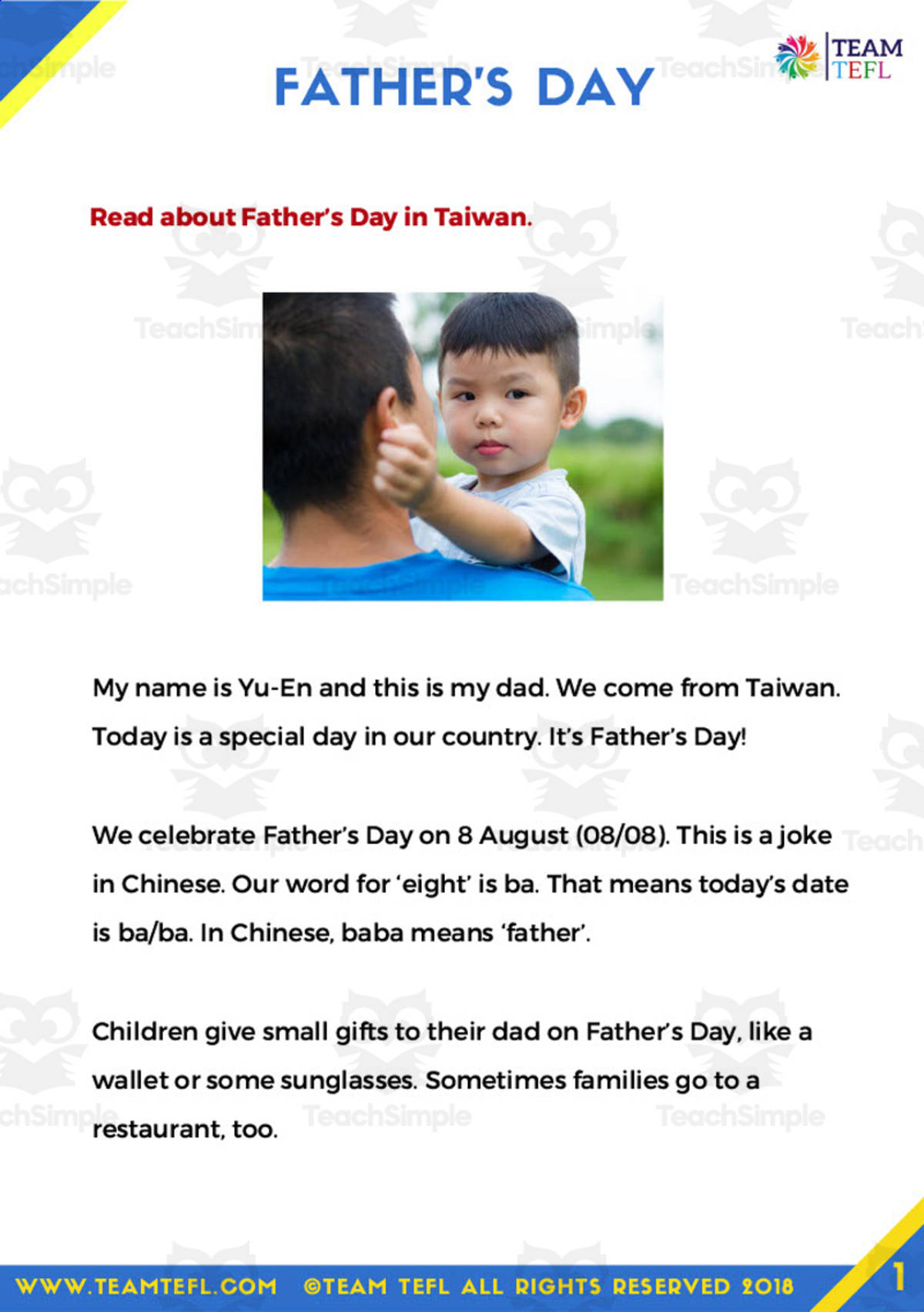 An educational teaching resource from TEAM TEFL entitled Father's Day in Taiwan - Beginner Reading Activities downloadable at Teach Simple.