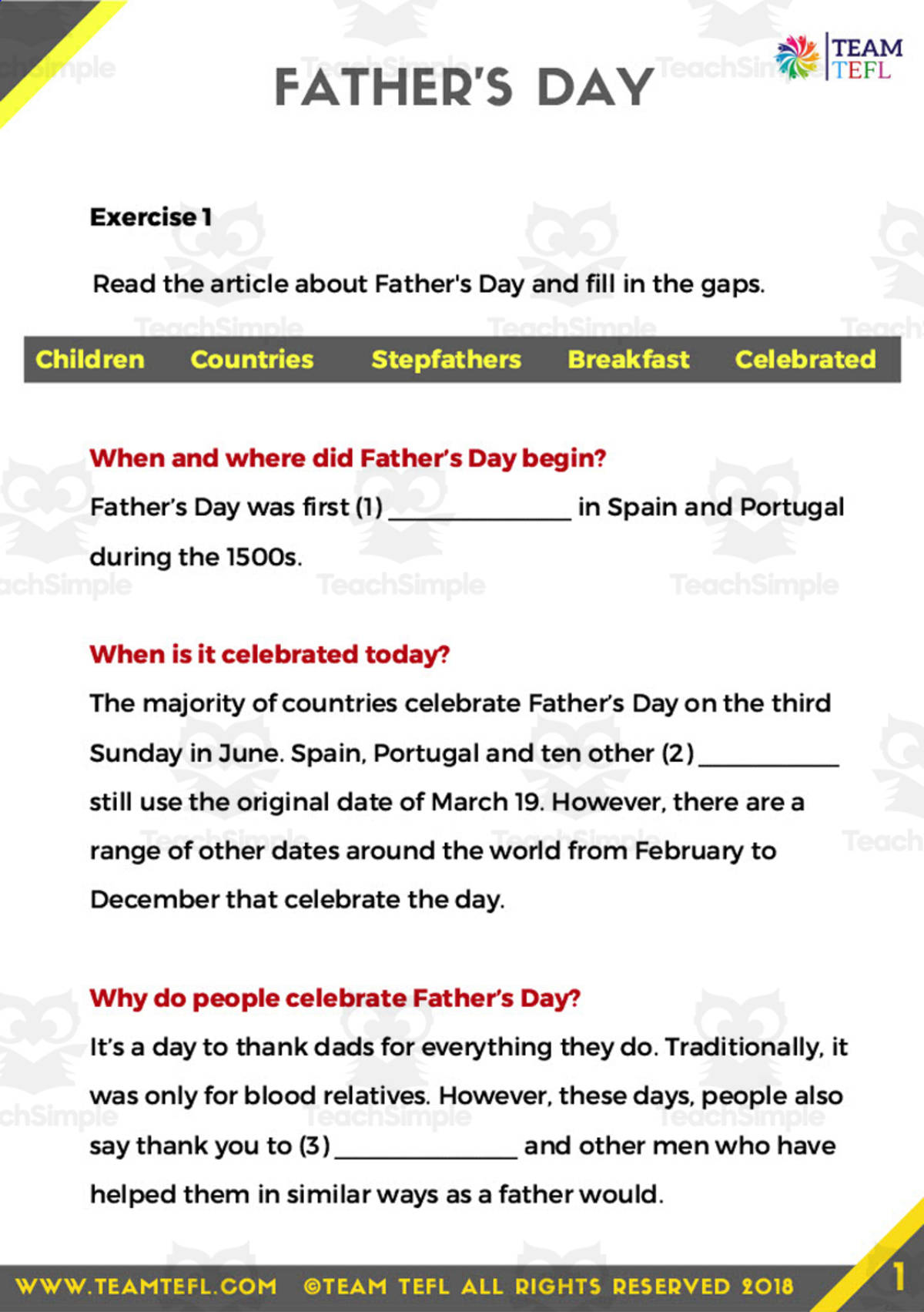 An educational teaching resource from TEAM TEFL entitled Father's Day Intermediate Reading Activities downloadable at Teach Simple.