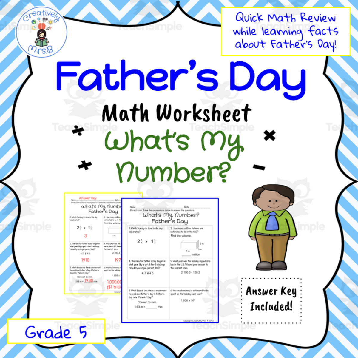 An educational teaching resource from Creatively Mrs. B entitled Father's Day Math Trivia Worksheet downloadable at Teach Simple.