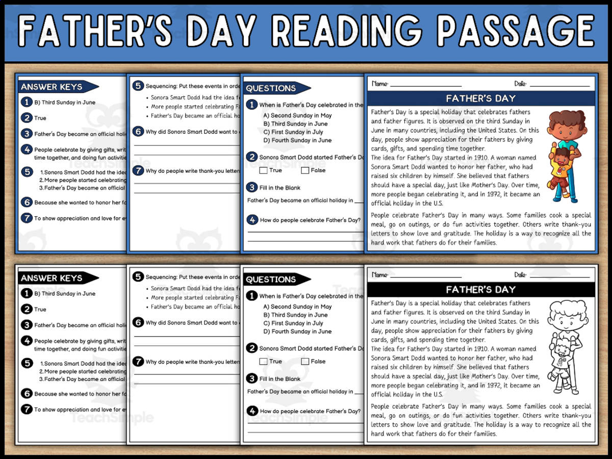 An educational teaching resource from Wonderland School entitled Father's Day Reading Comprehension Passage and Questions downloadable at Teach Simple.