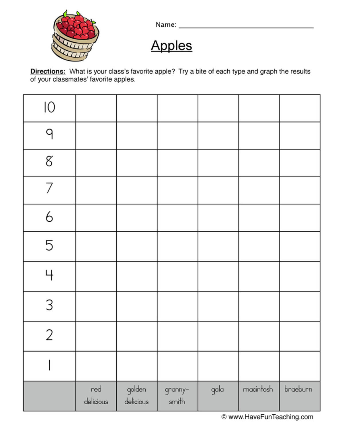 An educational teaching resource from Have Fun Teaching entitled Favorite Apples Worksheet downloadable at Teach Simple.
