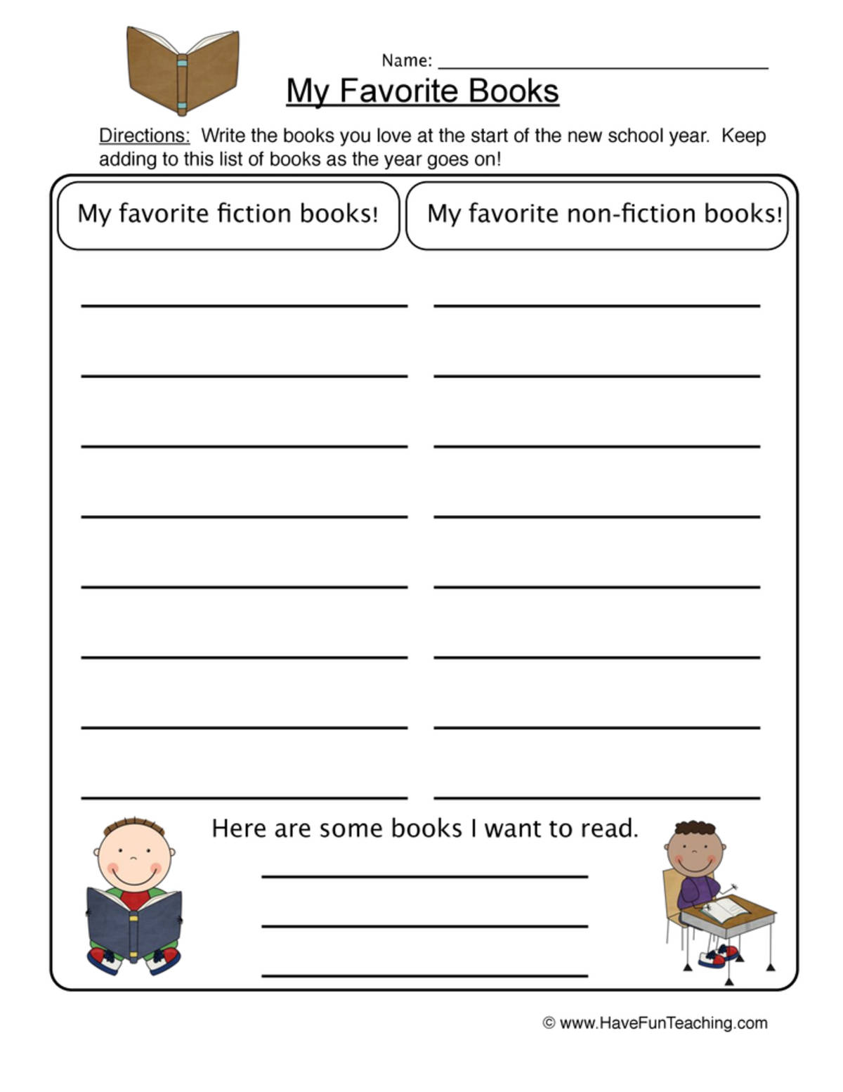 An educational teaching resource from Have Fun Teaching entitled Favorite Books List Worksheet downloadable at Teach Simple.