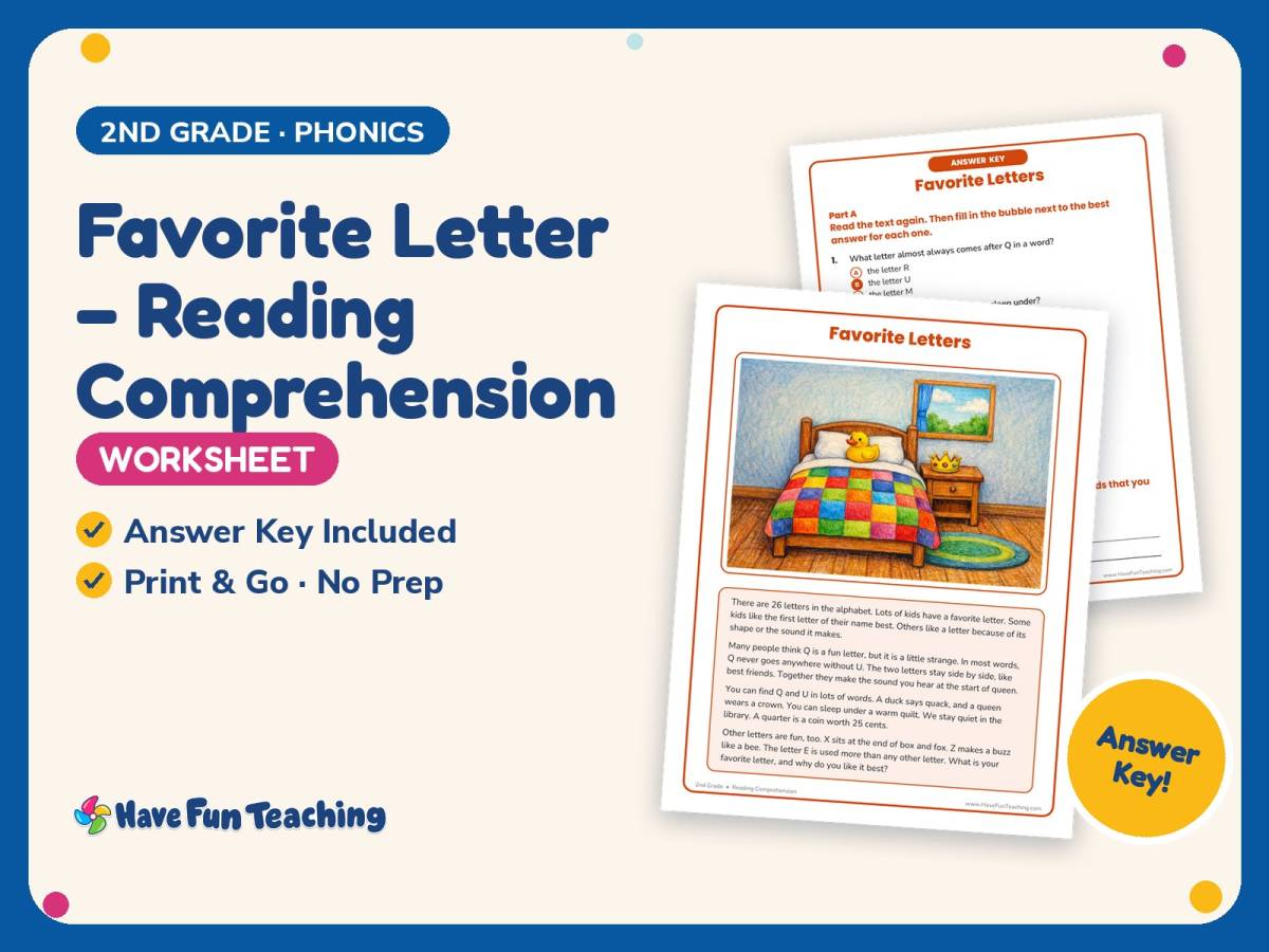 Favorite Letter – Reading Comprehension Worksheet – 2nd Grade Alphabet preview
