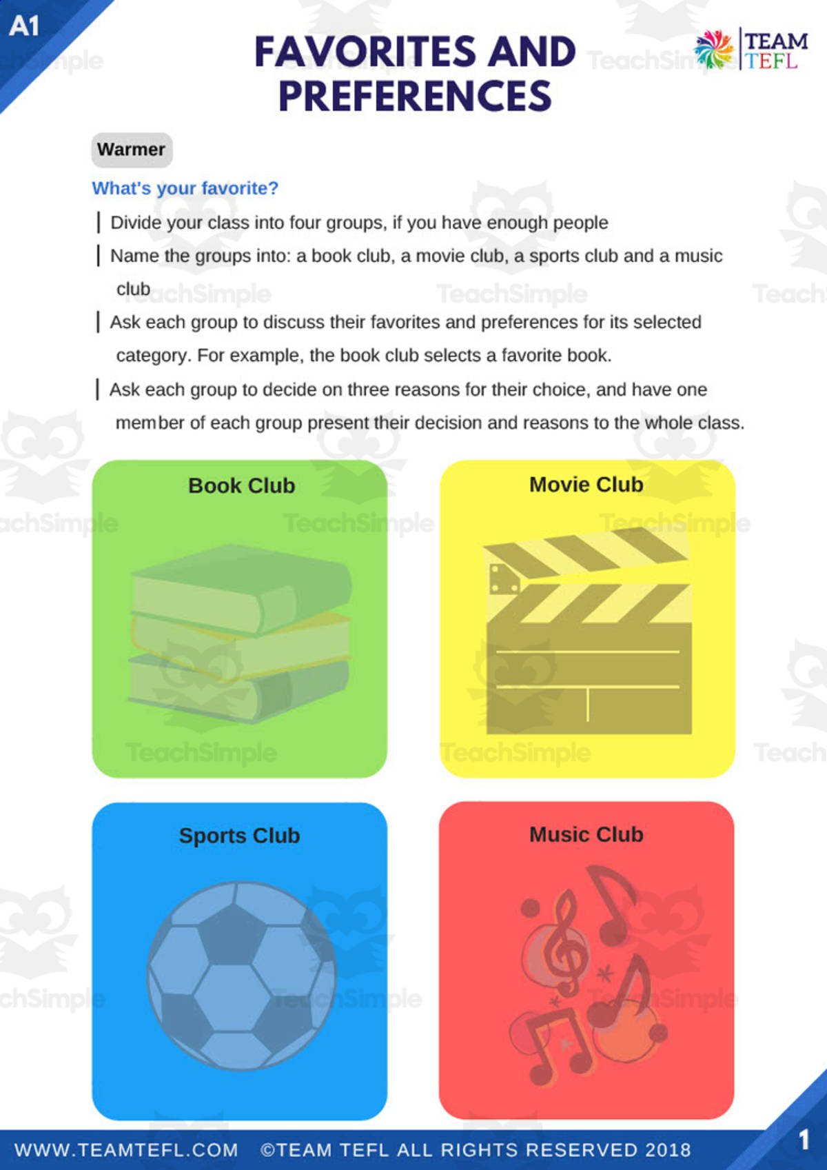 An educational teaching resource from TEAM TEFL entitled Favorites and Preferences Beginner Lesson Plan downloadable at Teach Simple.
