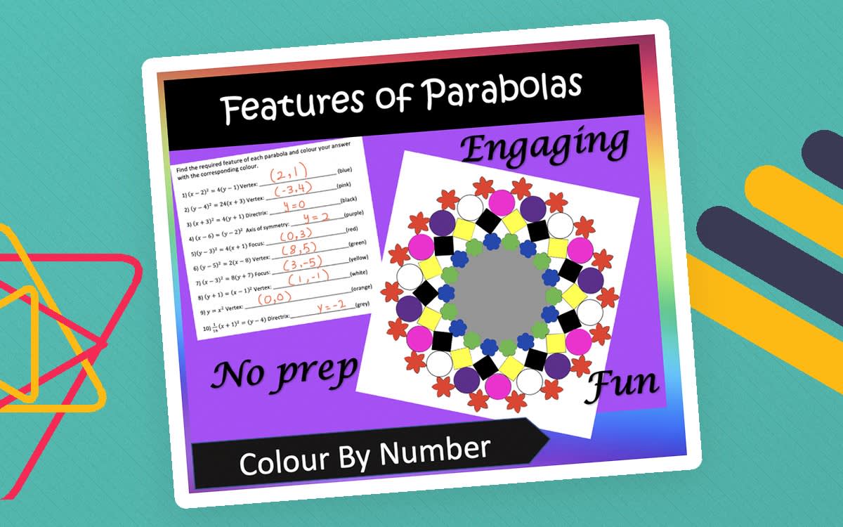 An educational teaching resource from Mrs. B Secondary Math entitled Features of Parabolas Color By Number Activity downloadable at Teach Simple.