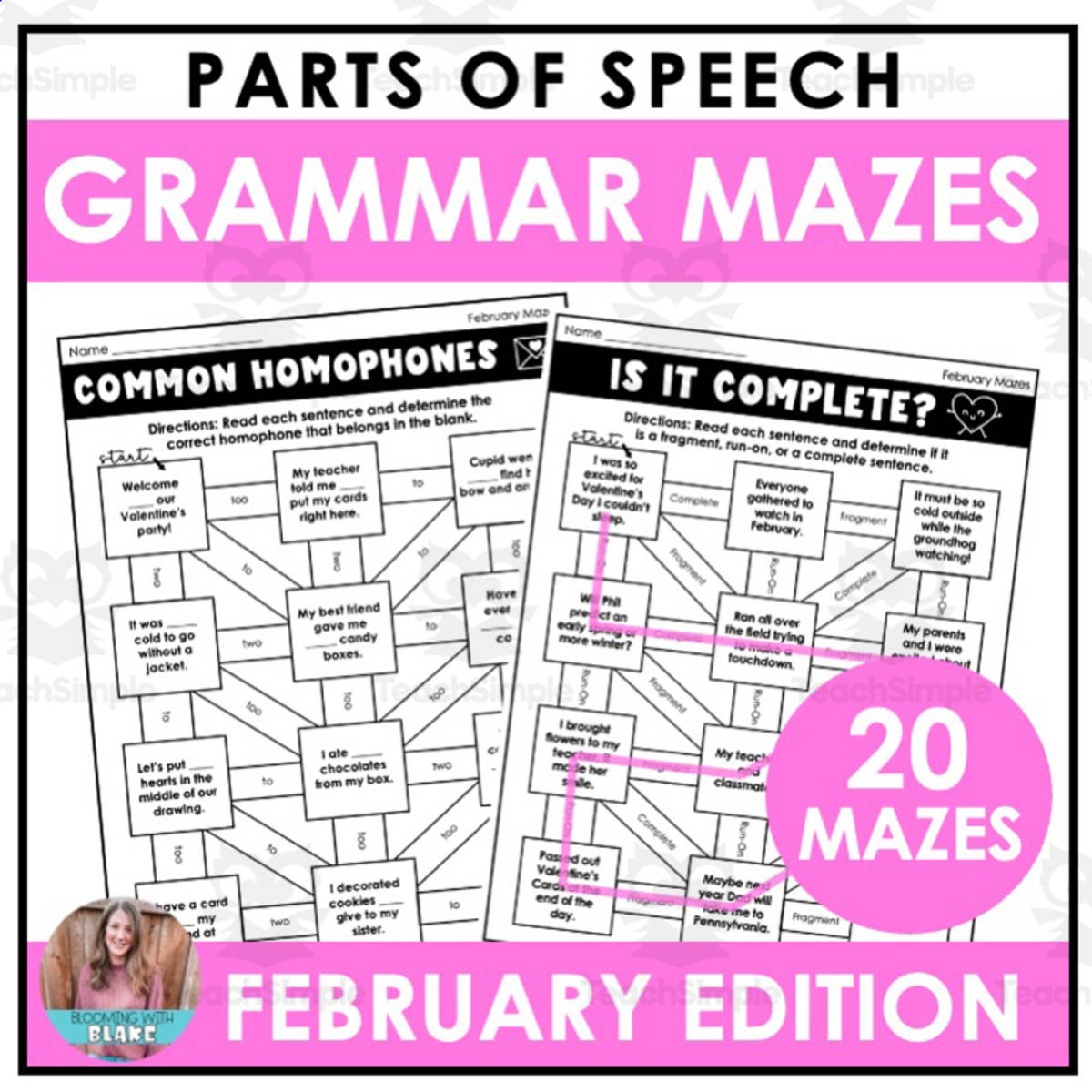 An educational teaching resource from Blooming with Blake entitled February Parts of Speech Grammar Mazes downloadable at Teach Simple.