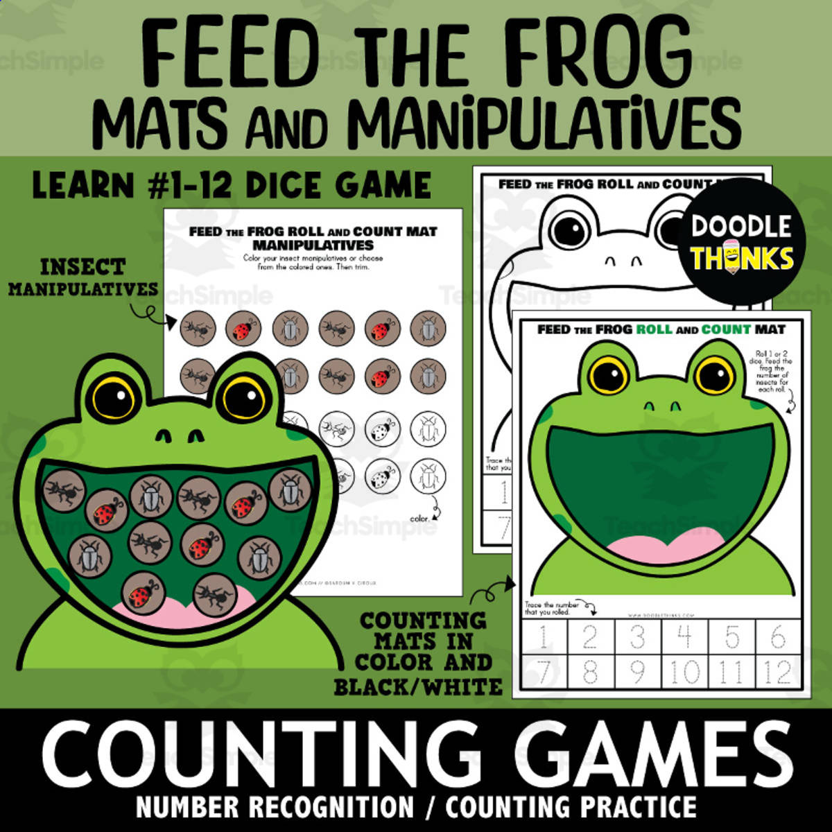 An educational teaching resource from Doodle Thinks entitled Feed the Frog Roll and Count Mat Printable Manipulatives Dice Game downloadable at Teach Simple.