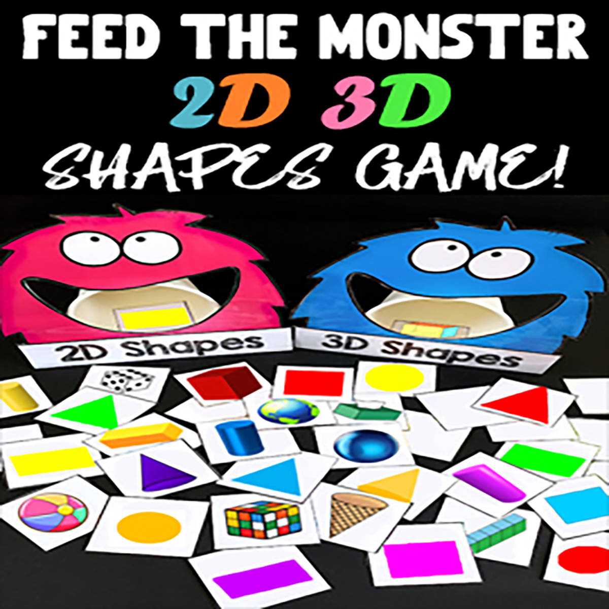 An educational teaching resource from Bambolina55 entitled Feed the Monster 2D 3D Shapes Game for Kindergarten-2nd downloadable at Teach Simple.