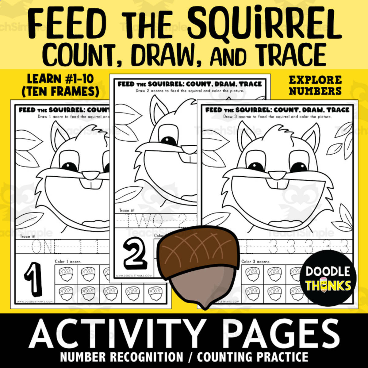 An educational teaching resource from Doodle Thinks entitled Feed the Squirrel Count Draw Trace Ten Frames Activity Worksheets downloadable at Teach Simple.