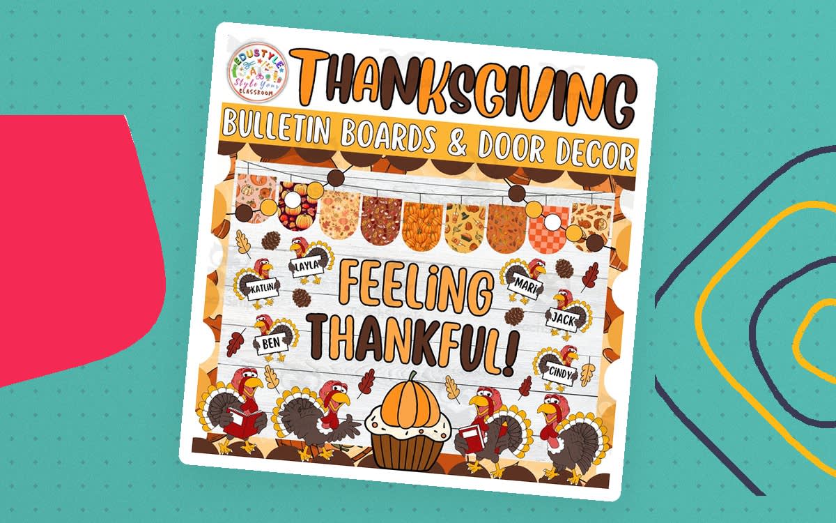 An educational teaching resource from Style Your Classroom entitled Feeling Thankful: Thanksgiving & Fall Bulletin Board or Door Decor Kit downloadable at Teach Simple.