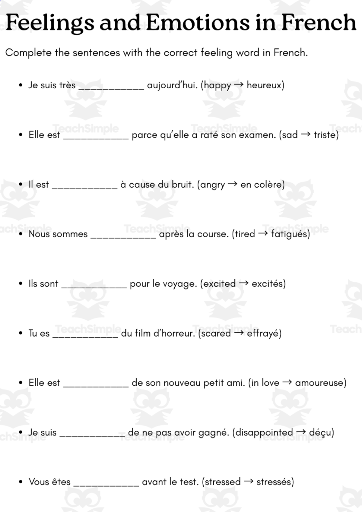 An educational teaching resource from MultiLingual Grammar Lab entitled Feelings and Emotions in French exercises with answers downloadable at Teach Simple.