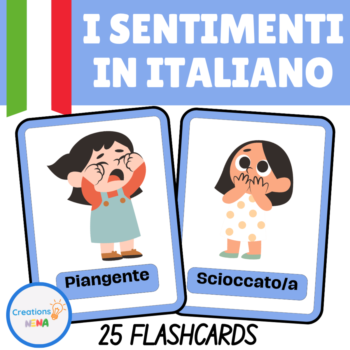 An educational teaching resource from Nena Creations entitled Feelings Flashcards in Italian downloadable at Teach Simple.