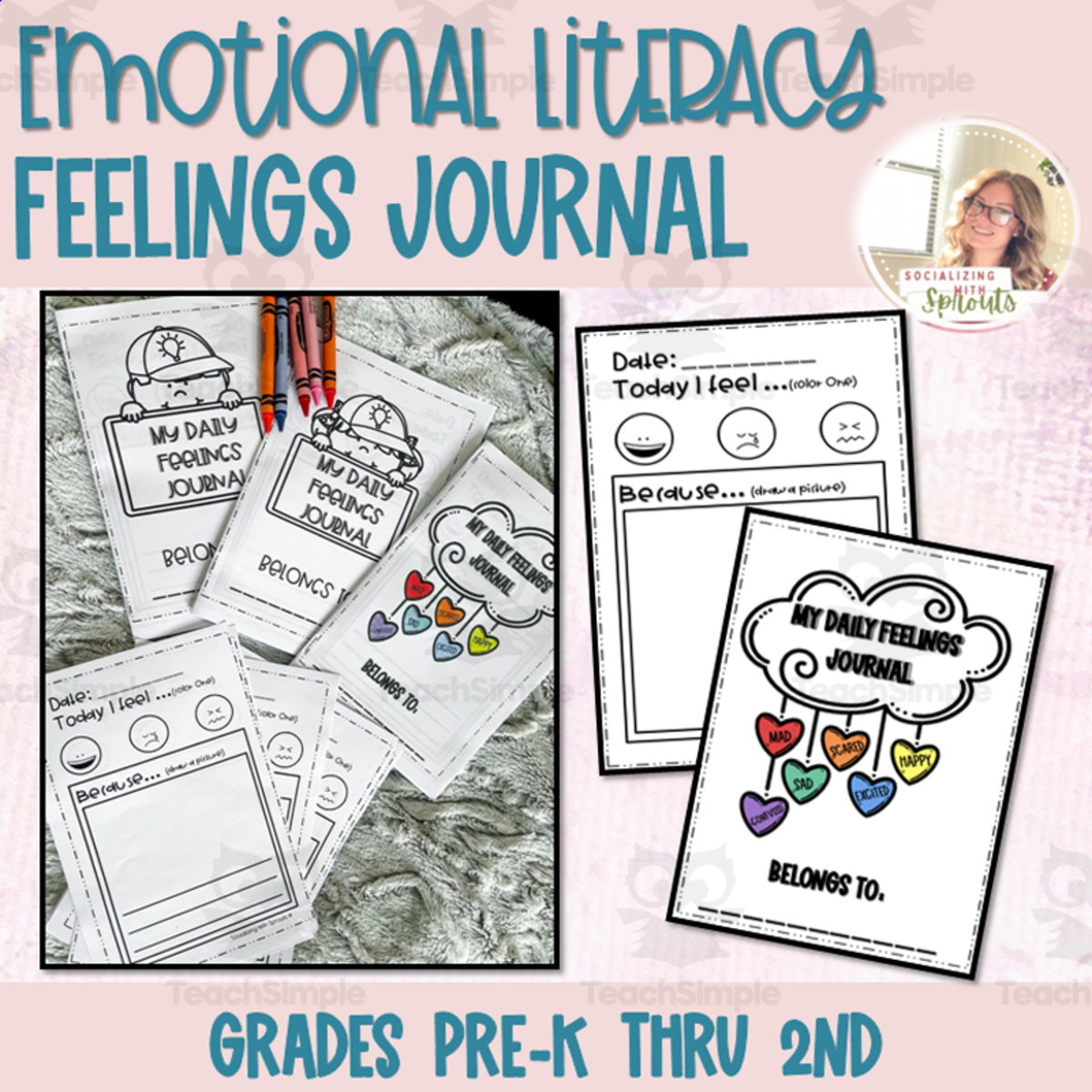An educational teaching resource from Socializing with Sprouts entitled Feelings Journal | Today I Feel | Check-in | Identifying Feelings Preschool downloadable at Teach Simple.