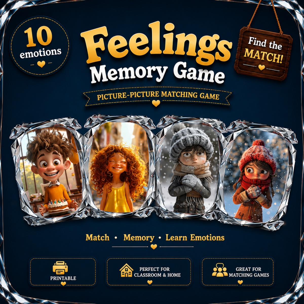 An educational teaching resource from English with Rita entitled Feelings Memory Matching Game | Printable Emotions Cards for SEL downloadable at Teach Simple.